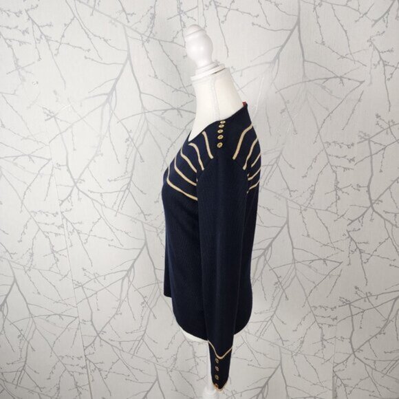 Alain Manoukian Navy Gold Stripe 49% Merino Wool Knit Sweater - Picture 4 of 8